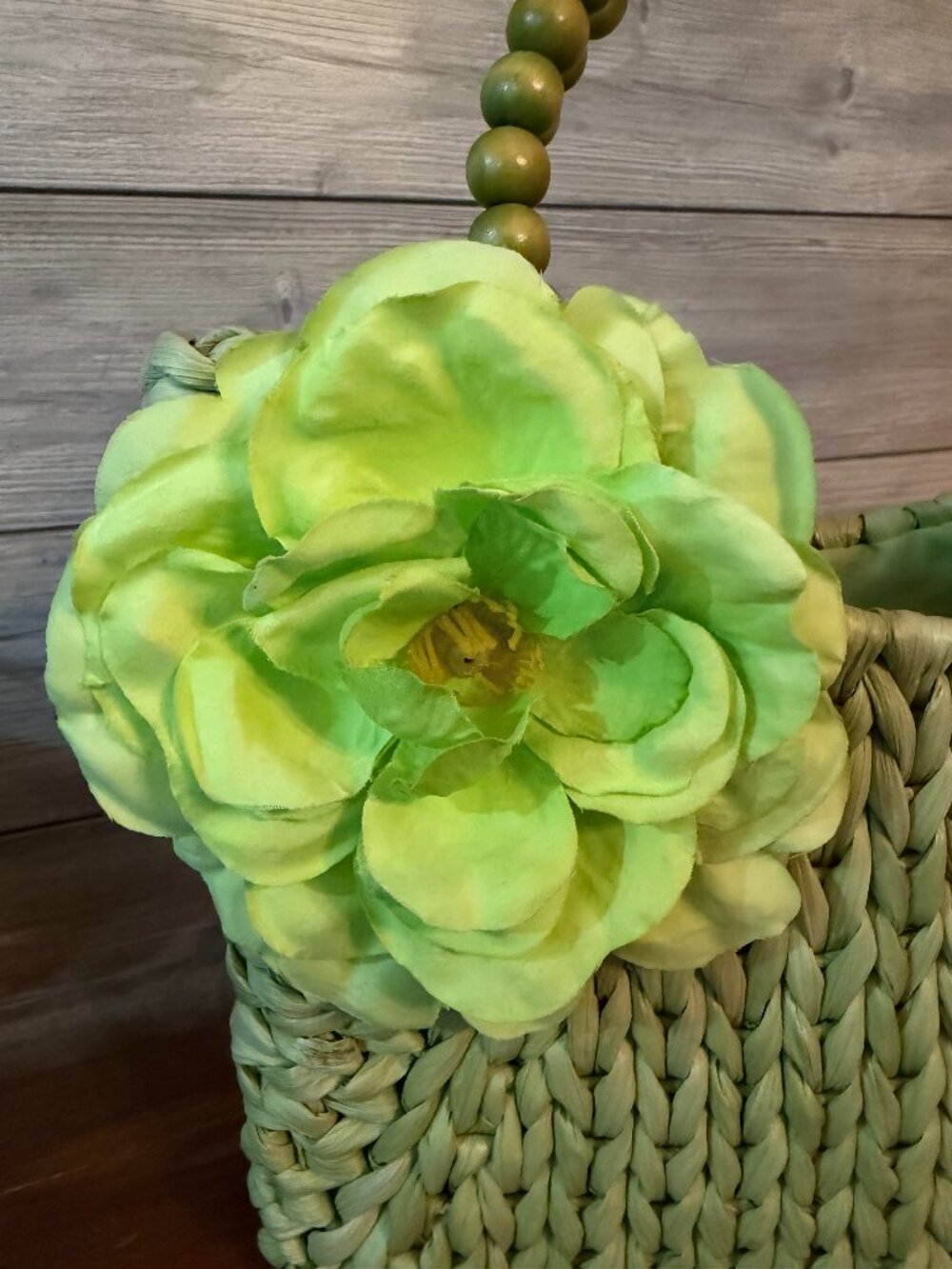 Alma Tonutti Handwoven Straw Bag Green Floral Beaded Handle Spring Easter Boho - Picture 5 of 8